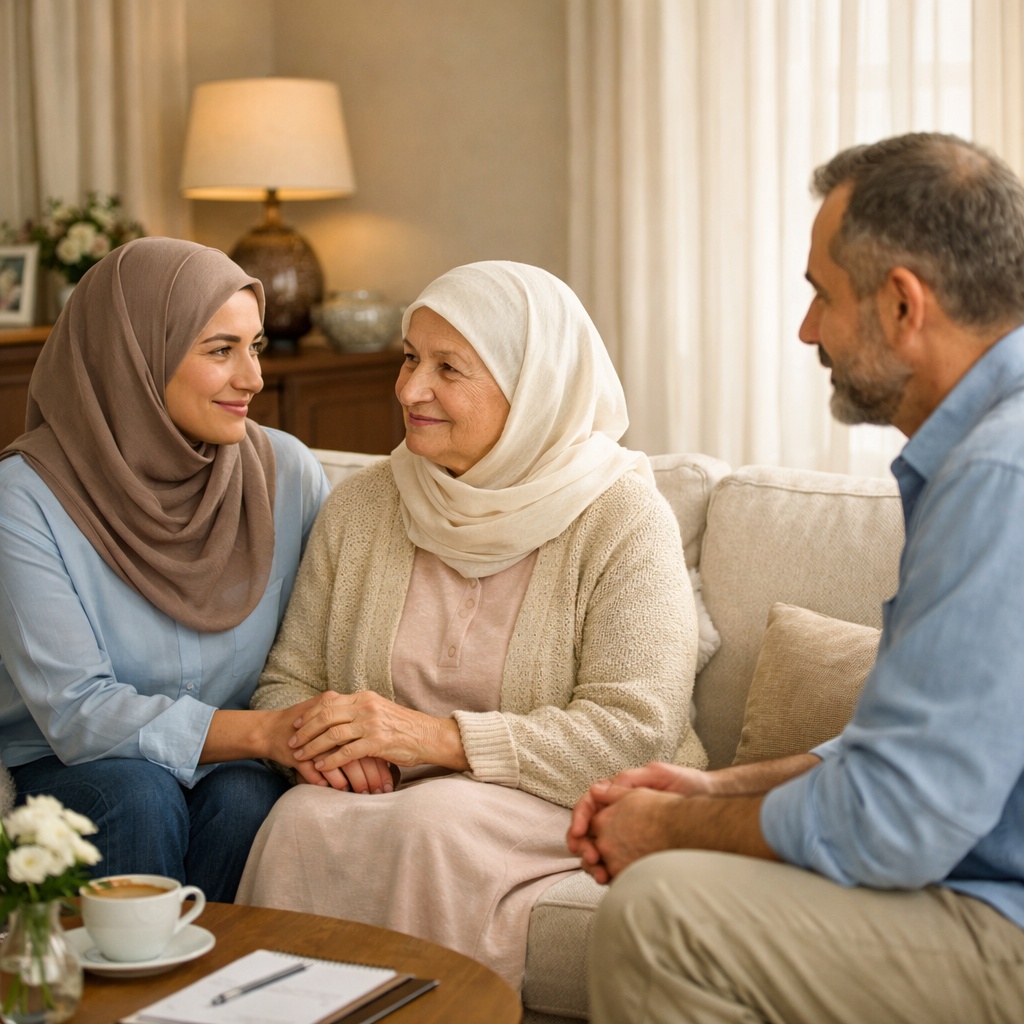Muslim family discussing home care and elder support