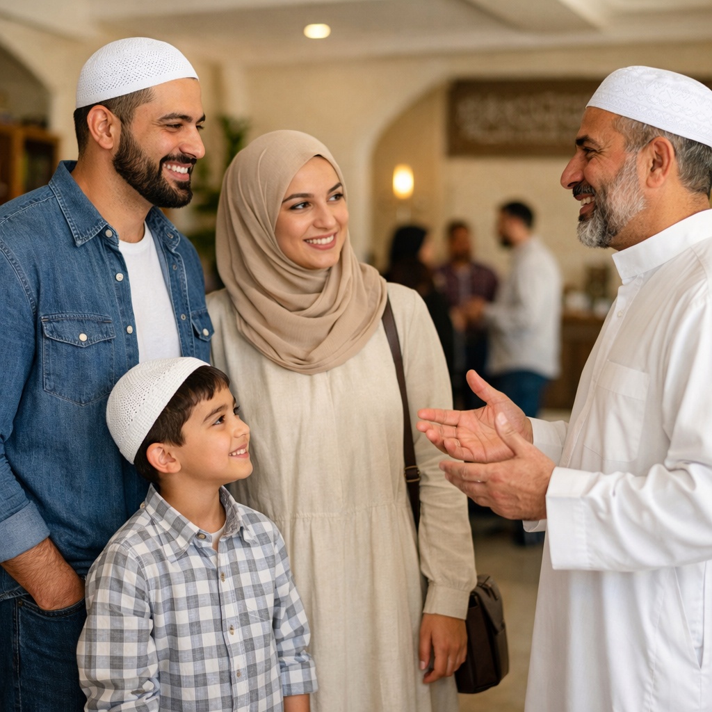 Muslim family speaking with a masjid community leader about caregiving support