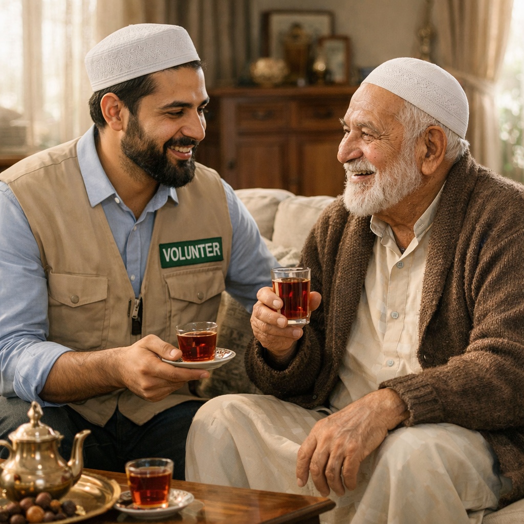 Muslim volunteer visiting an elderly Muslim man at home for companionship and community support