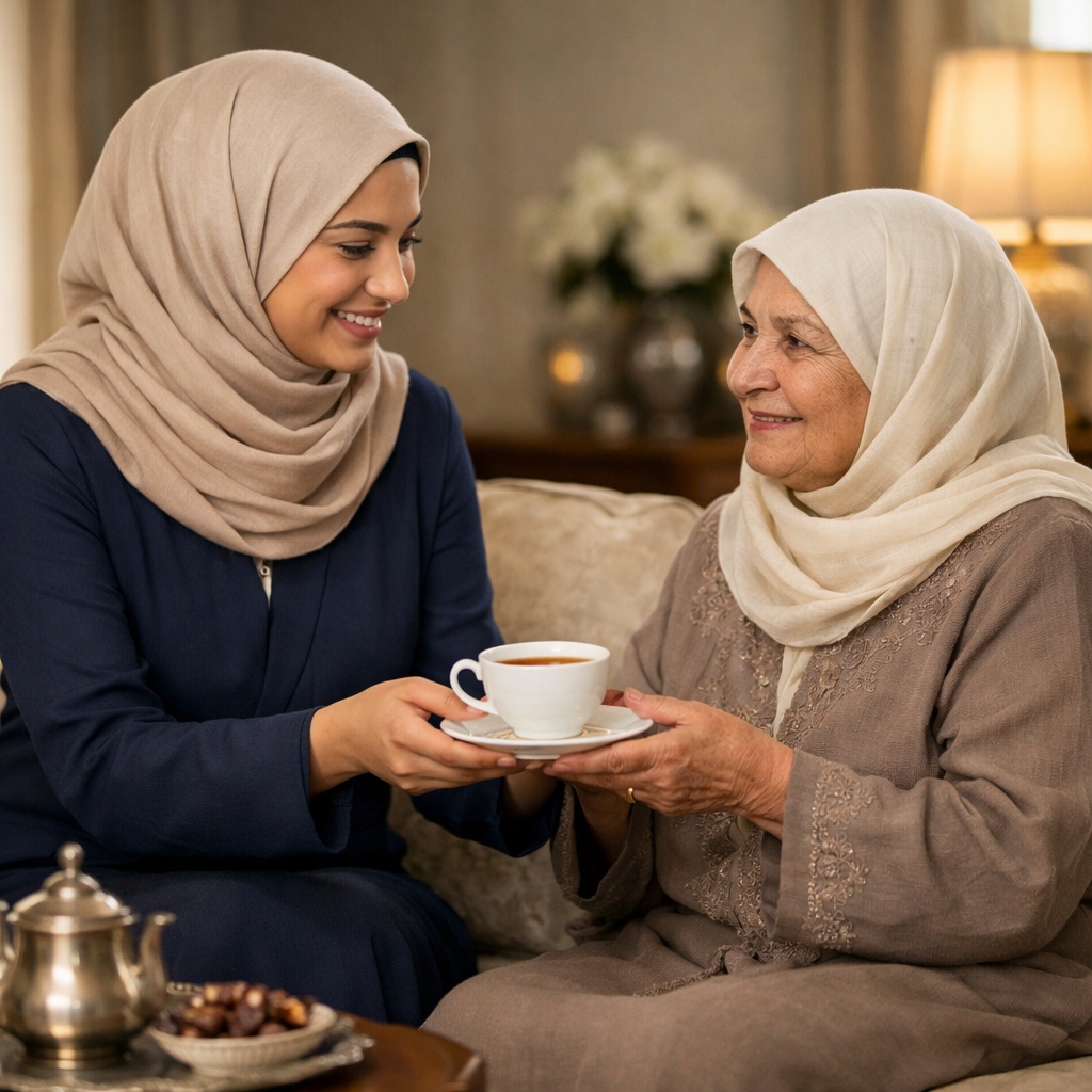 Muslim caregiver supporting an older adult in a warm home care setting